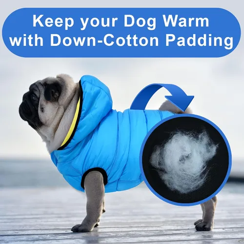 Vista 5 de Pawtitas Chaqueta reversible resistente al viento para perro, resistente al agua, abrigo de perro azul y amarillo para clima frío, tamaño de raza