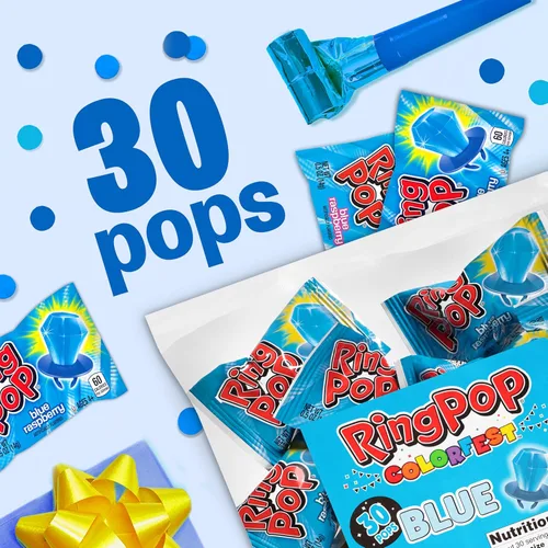 Vista 2 de Ring Pop caramelos de Navidad azules envueltos individualmente, paquete a granel de 30 piruletas, piruletas sabor frambuesa para niños, dulces
