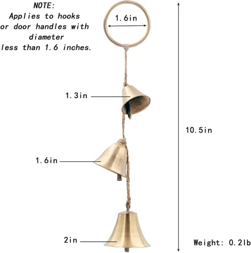 Vista 5 de Campanas colgantes rústicas de latón para decoración de pomos de puerta, decoración de jardín para el hogar, tienderos, campana en cuerda