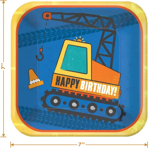 Vista 3 de Suministros para fiestas de construcción – Platos de postre de papel para excavadora de construcción azul de feliz cumpleaños y servilletas