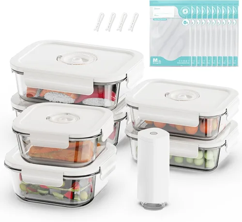 Vista 10 de Recipientes de vidrio para almacenamiento de alimentos con sellado al vacío, 3 recipientes con 10 bolsas Sous Vide / 1 bomba manual, recipiente