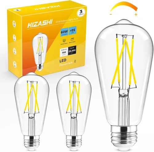 Vista 13 de Hizashi Edison Bombilla LED de 60 W, 2700 K regulables con base E26, bombillas ST19 vintage blanco cálido suave, 95+CRI, certificación UL, 700