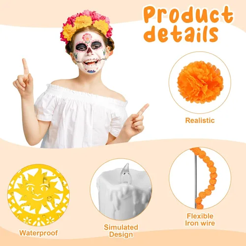 Vista 4 de Zeyune Juego de 236 piezas de decoración del Día de los Muertos, 100 caléndulas artificiales con tallo, 4 guirnaldas de caléndula, 24 mariposas