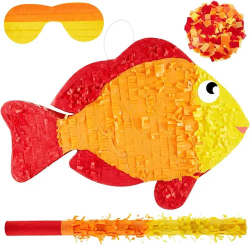 Lewtemi Piñata de peces de 16.5 pulgadas con palo de piñata, ojo tapado, set de confeti. Decoraciones de fiesta temática de peces para niños, piñata