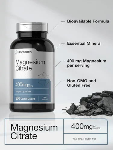 Vista 3 de Horbäach Magnesium Citrate 400mg 200 Caplets Vegetarian, Non-GMO, and Gluten Free Supplement