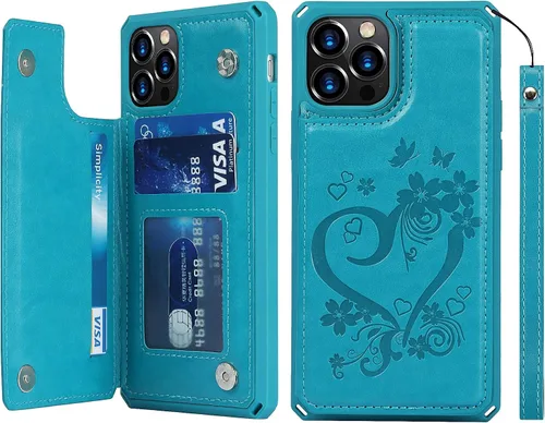 Vista 10 de iCoverCase Funda compatible con iPhone 12 Pro Max con tarjetero para mujer, bloqueo RFID en relieve de piel sintética con correa de muñeca de 6.7