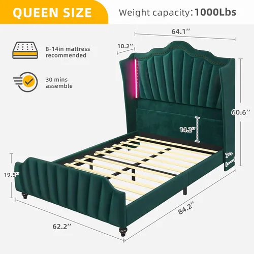 Vista 45 de DWVO Base de cama de plataforma tamaño Queen con cabecera y estribo de 60 pulgadas de alto, cama tapizada de terciopelo con luz LED, patas de madera