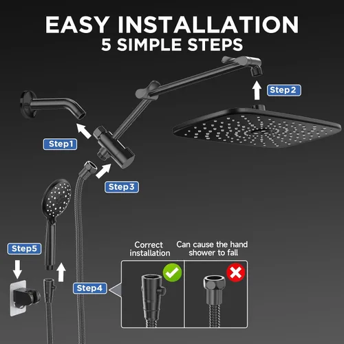 Vista 6 de Veken Cabezal de ducha de lluvia ancho con rociador de agua de mano multimodos, combo de cabezal de ducha de alta presión con brazo para accesorios