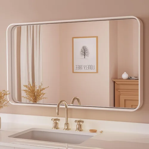 Vista 123 de TETOTE Espejo de marco dorado cepillado de 16 x 24 pulgadas, espejo de tocador de baño de latón dorado para pared, espejo enmarcado rectangular