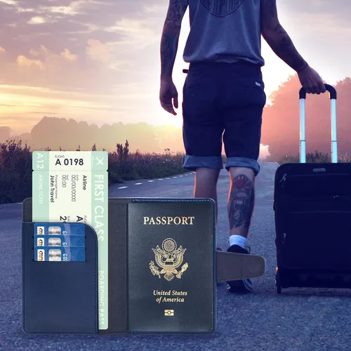 Vista 3 de Teskyer Combo de soporte para pasaporte y tarjetero de vacunación, apto para tarjeta de vacunación de 4 x 3, funda de cuero para pasaporte