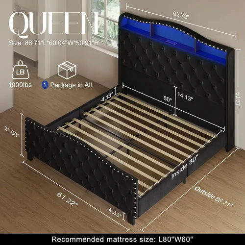 Vista 2 de Belffin Base de cama y cabecero tamaño Queen, base de cama tapizada de terciopelo de 50.9 pulgadas con luces LED y estación de almacenamiento/carga