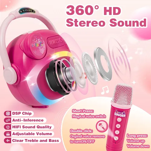 Vista 3 de Mini máquina de karaoke para niños y niñas, micrófono para niños, altavoces Bluetooth portátiles con 2 juguetes de micrófono inalámbrico para niñas