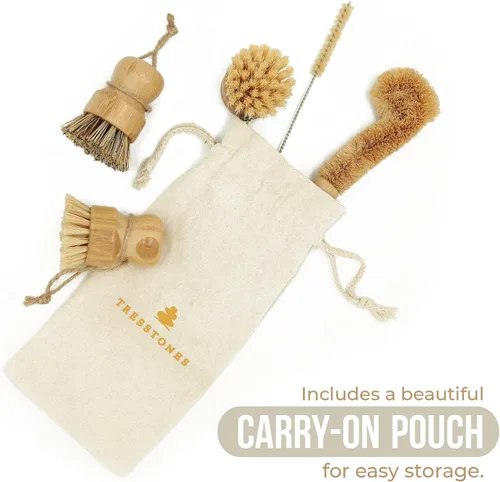 Vista 4 de Juego de cepillos de bambú natural con soporte - Cepillo de madera ecológico para platos