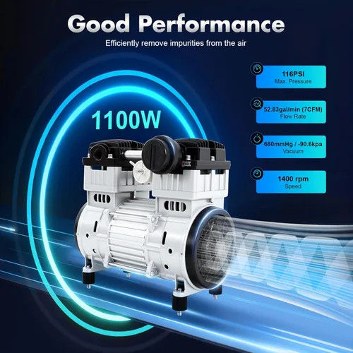 Vista 2 de Bomba de vacío de diafragma sin aceite, bomba de vacío sin aceite de 1100 W, bomba de vacío de diafragma silenciosa sin aceite 7CFM con cabezal