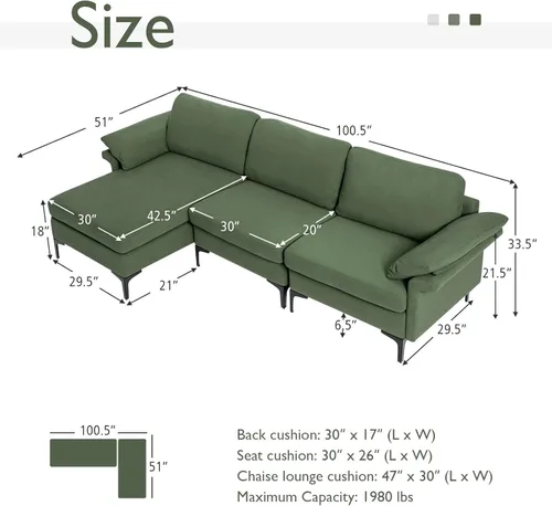 Vista 190 de Giantex Sofá modular de 3 asientos, 100.5 pulgadas de largo convertible con puerto USB y tomacorriente, cojín para reposabrazos, sofá modular