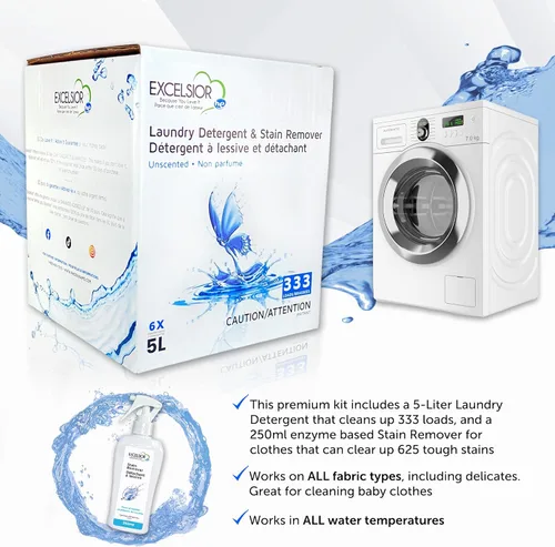 Vista 4 de Excelsior HE - Detergente para ropa con removedor de manchas natural para 333 cargas de sin perfume, 5 litros ecológico (1 paquete)