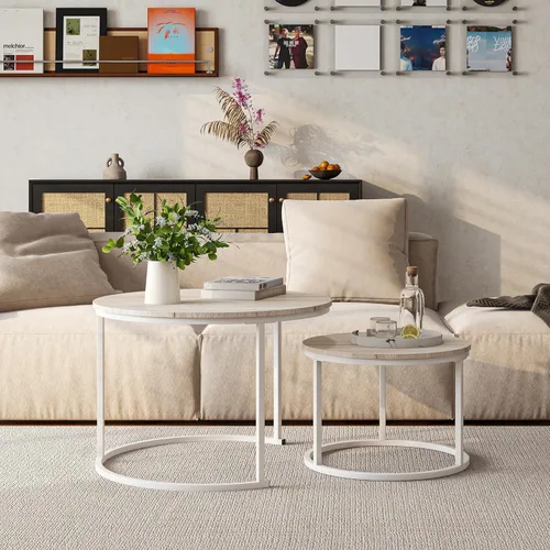 Vista 7 de HOJINLINERO Juego de Mesa de Centro Redonda de 2 Mesas Auxiliares para Sala de Estar, Mesa de Centro Blanca Moderna Mesas Anidadas, Mesas de Sala