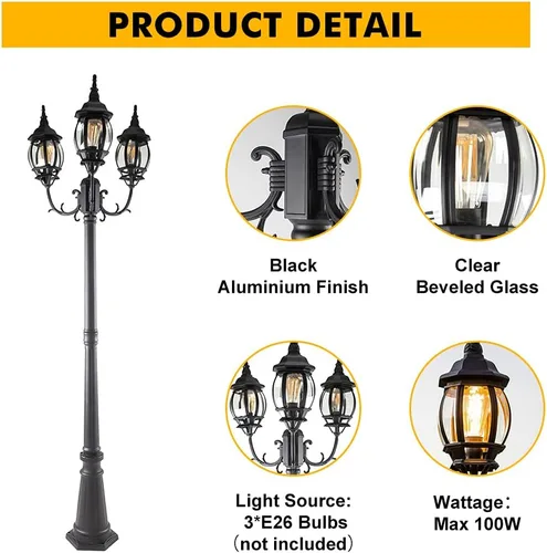 Vista 2 de LUTEC Lámpara de poste LED para exteriores con triple cabezal, luces de calle vintage cableadas para césped, patio, camino, jardín, poste de luz