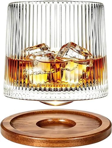 Vista 11 de Vaso de vidrio antiguo giratorio, 275ml/10oz Juego de vasos de whisky de cristal de 2 piezas, posavasos de madera, engrosamiento, utilizado como