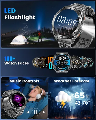 Vista 7 de Military Smart Watch for Men (2 Bands), AMOLED Rugged Tactical Smartwatch with Flashlight & Bluetooth Call, Waterproof Fitness Tracker with 116