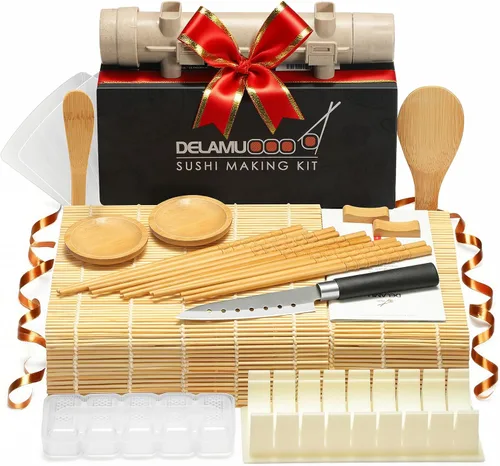 Delamu Kit de fabricación de sushi, kit de rodillos de bazuca 20 en 1 con cuchillo de chef, alfombrillas de bambú, molde de arroz, alfombrillas de