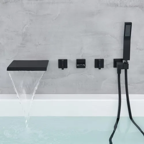 Vista 3 de Qinkell Grifo de bañera en cascada de montaje en pared, grifo de bañera romano negro, grifos de baño de latón con ducha de mano