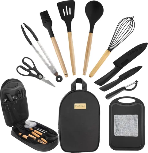 Camping Accessories Kitchen Cooking Utensils Set - Portable Outdoor Camp Cookware Set, Silicone Camper Essentials Gear Must Have Supplies for Travel