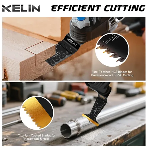 Vista 2 de KELIN Kit de 116 cuchillas oscilantes multiherramienta, 4 tipos de hojas de sierra de titanio para madera, metal, paneles de yeso, tuberías, se