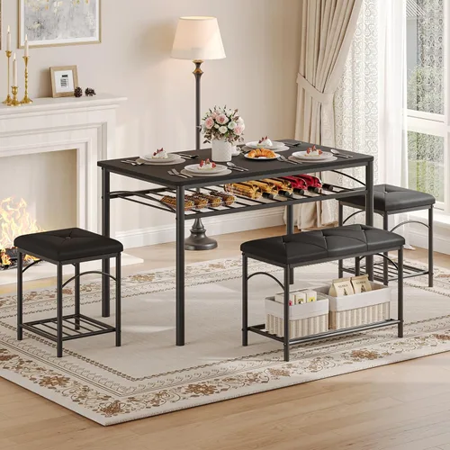 Vista 2 de GarveeHome Dining Table Set for 4 with Upholstered Benches and 2 Stools, Modern Space Saving Kitchen Breakfast Table, Ideal for Small Kitchens
