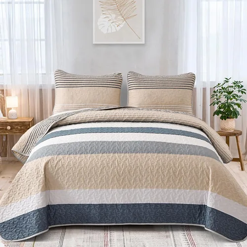 Vista 26 de Dinjoy Juego de edredón bohemio tamaño matrimonial, 3 piezas de edredón a rayas gris oscuro, juego de ropa de cama acolchado de microfibra suave