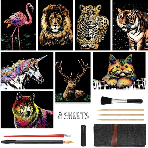Papel de arte para rascar (A4) para adolescentes y adultos, pintura arco iris, vista nocturna, juego de manualidades, 8 hojas para raspar,