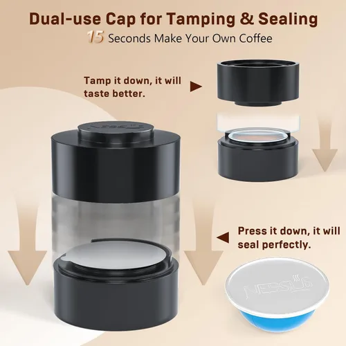 Vista 4 de Nessus Vertuo - Kit de cápsulas reutilizables, 50 unidades [ALSeal EZ FIT] Sellos de papel de aluminio para cápsulas Nespresso Vertuolina, soporte