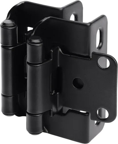 DecoBasics Paquete de 2 bisagras negras superpuestas de 1/2 pulgada para puertas de cabina (1 par), bisagra de marco de cara semioculta de cierre