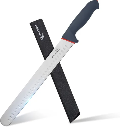 DELFINA Cuchillo de corte de pechuga de 12 pulgadas con funda y mango SoftGrip, cuchillo afilado para cortar carne, ideal para rebanar asados,