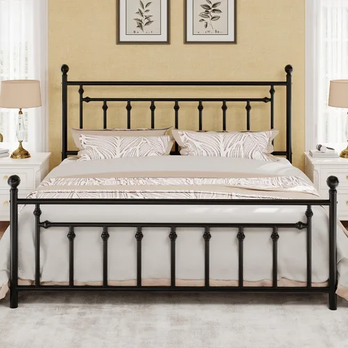 Vista 10 de SHA CERLIN Marco de cama de plataforma de metal de tamaño matrimonial de 14 pulgadas, cabecera y estribo victorianos/base de colchón de listones