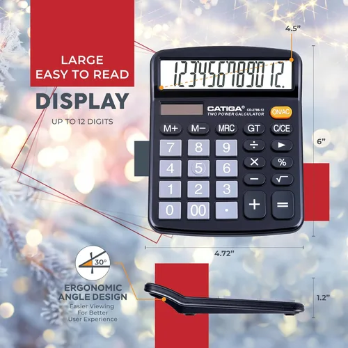 Vista 4 de CATIGA CD-2786 - Calculadora de escritorio de 12 dígitos con pantalla LCD grande y botón sensible, energía solar dual y batería, función estándar