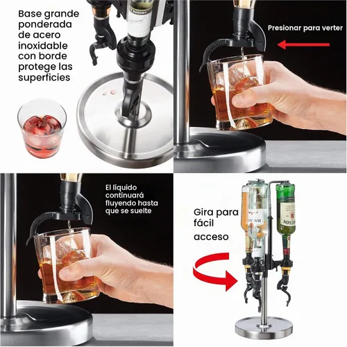 Vista 3 de OGGI Dispensador giratorio profesional de licor de 3 botellas, acero inoxidable