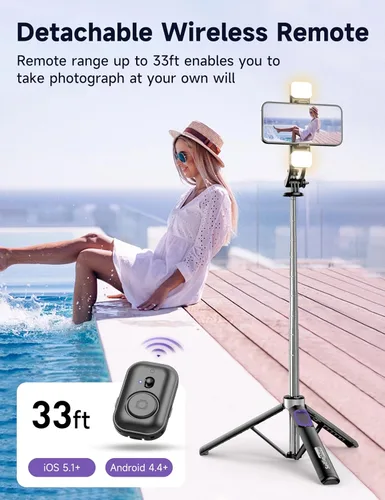 Vista 4 de Trípode para selfie stick de 53 pulgadas con luz, palo selfie extensible con control remoto, soporte de trípode portátil para teléfono celular
