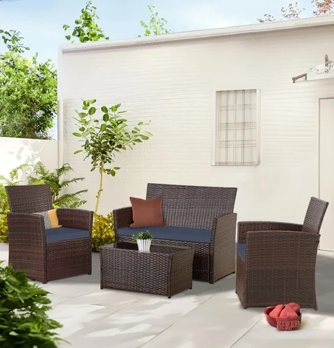 Vista 8 de PORWEY Muebles de patio para exteriores, juego de sofá seccional de 4 piezas, muebles de balcón, sillas de mimbre de ratán con mesa y sofá biplaza