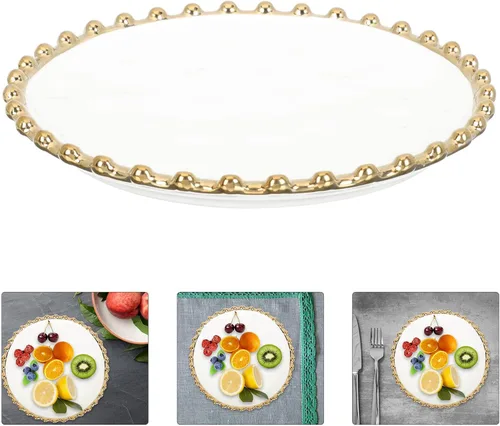 Vista 4 de Hemoton Plato blanco de cerámica con borde dorado: platos redondos de sushi bandeja para servir ensalada de postre bandeja de porcelana europea