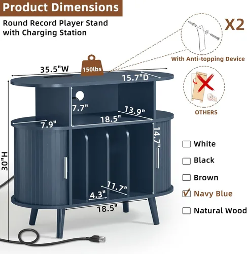 Vista 2 de LELELINKY Large Round Record Player Stand with Charging Station & Fluted Display Shelf, Blue Mid Century Modern Turntable Cabinet with Vinyl