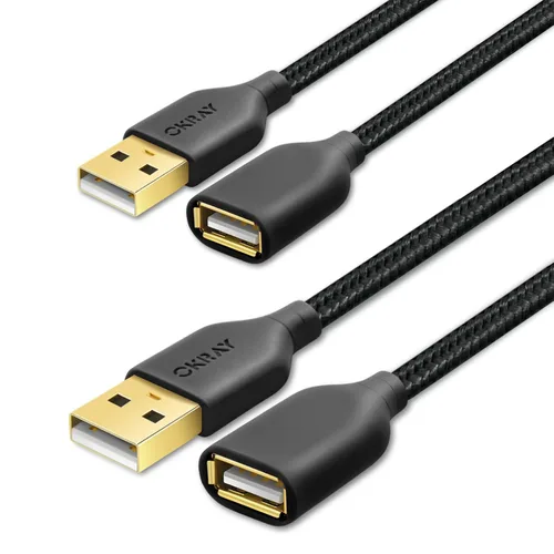 OKRAY - Cable de extensión USB, paquete de 2 cables de extensión USB 2.0 de nailon trenzado de 6 pies tipo A, macho a hembra, con conector chapado