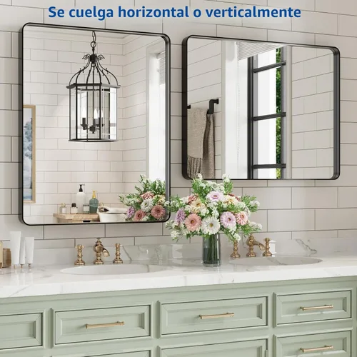 Vista 5 de WEER - Espejo de baño negro para tocador de 20x28 pulgadas, espejo con marco de metal negro mate y forma de rectángulo redondeado para sobre
