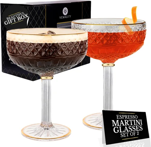 VEMACITY - Juego de 2 vasos de Espresso Martini con relieve (10oz) - Vasos de copa con borde dorado para cócteles, champán y margaritas - Diseño