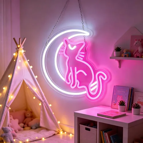 Vista 3 de SmilingTown Letreros de neón rosa y blanco para decoración de pared, funciona con USB, luces decorativas de neón de luna y gato para el hogar