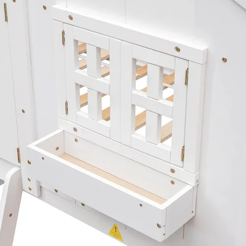Vista 124 de Cama de casa de tamaño individual con elegantes ventanas y estantería, litera con diseño de castillo de madera con barandillas de seguridad