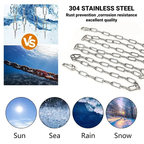 Vista 4 de Cadena de eslabones de acero inoxidable de 1/8 pulgadas, cadena de bobina de acero inoxidable 304 resistente con mosquetones, 2 cadenas de seguridad