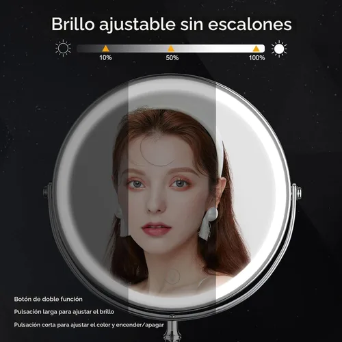 Vista 4 de Espejo de maquillaje iluminado, 3000 mAh recargable, espejo de tocador de doble cara con aumento de 3 colores, 1x/10x, rotación de 360°, brillo