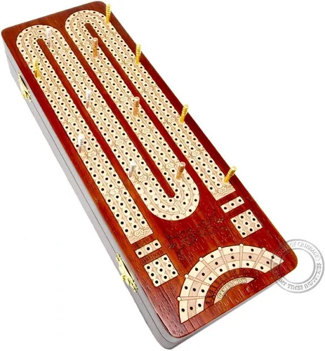 House of Cribbage - Tabla de cunas continua/caja con incrustaciones de madera de sangre/arce: 3 pistas con campos de marcado de puntuación para