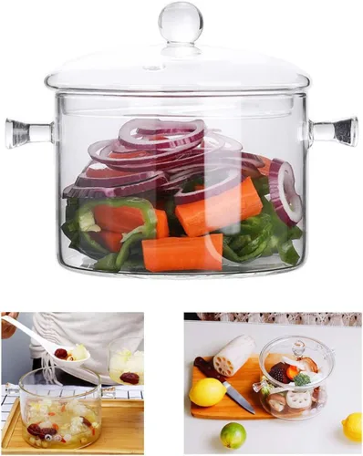 Vista 11 de Olla de cocina de vidrio – Cacerola de vidrio de 2 L/67 oz resistente al calor, juego de utensilios de cocina hechos a mano de vidrio